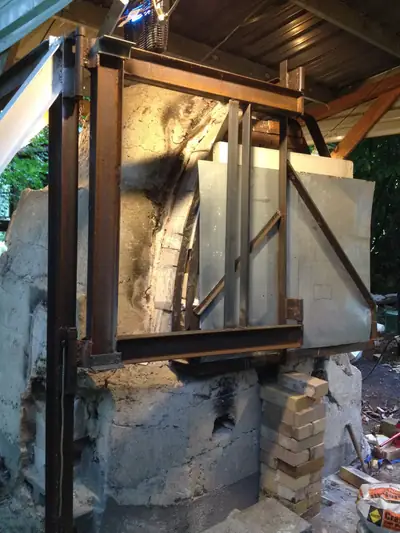 Door on its pivot. The door hanging from the frame, side view.